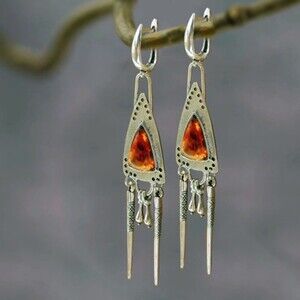 Silver Tone Amber Colored Teardrop Cabochon Chandelier Dangle Leverback Earrings